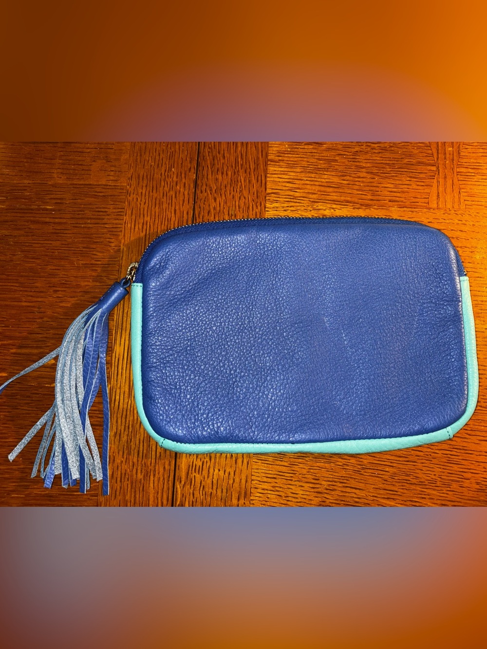 Gap Blue Pebbled Leather Pouch With Tasseled Zipper Pull and Aqua Trim - Picture 2 of 4